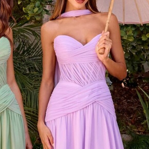 New Strapless Lavender Bridesmaid Dress w/ Pleated Draping & Corset Bodice CD395 - Picture 9 of 10